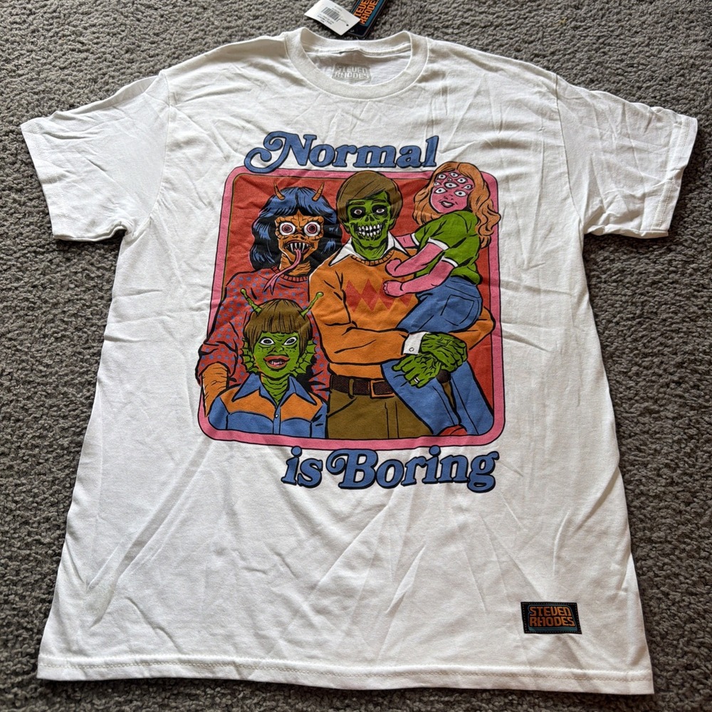 Steven Rhodes Normal Is Boring T-Shirt Medium NWT 100% Cotton Black Retro Horror